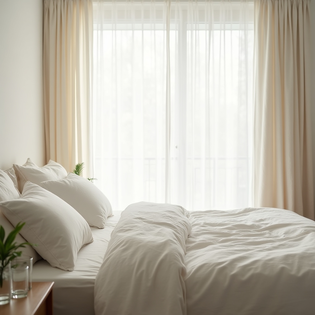 Serene bedroom with soft natural morning light, crisp white linens, and a calm peaceful atmosphere